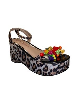 Betsey Johnson Leopard Print Fruit Clustered Platform Wedge Sandals